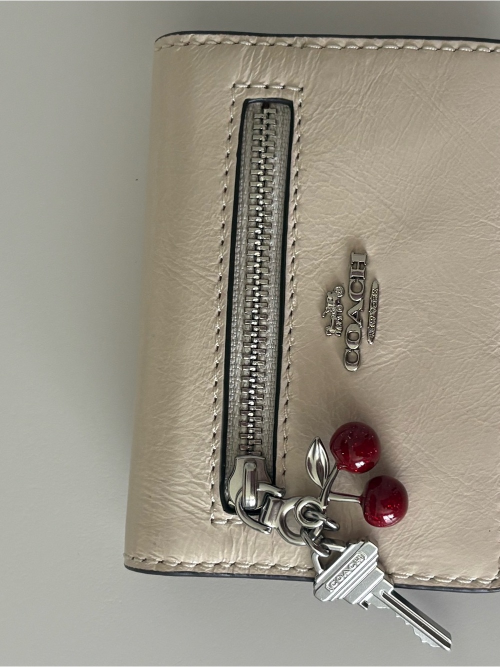 Coach Cream Leather Zip Wallet with Cherry Charm - Picture 2 of 4